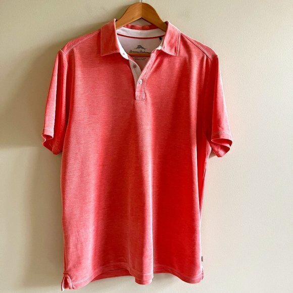Tommy Bahama Salmon Pink Polo Shirt Short Sleeve Mens Size M Athletic Button Up - Picture 1 of 6